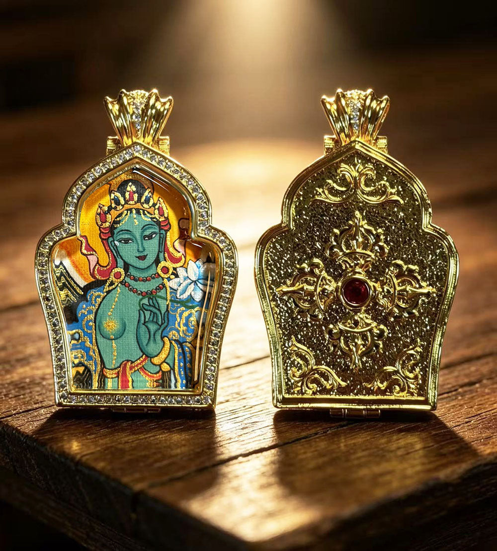 Hand-painted Gilded Green Tara and Blue Manjushri Thangka Ghavu Box Pendant Necklace, Unisex