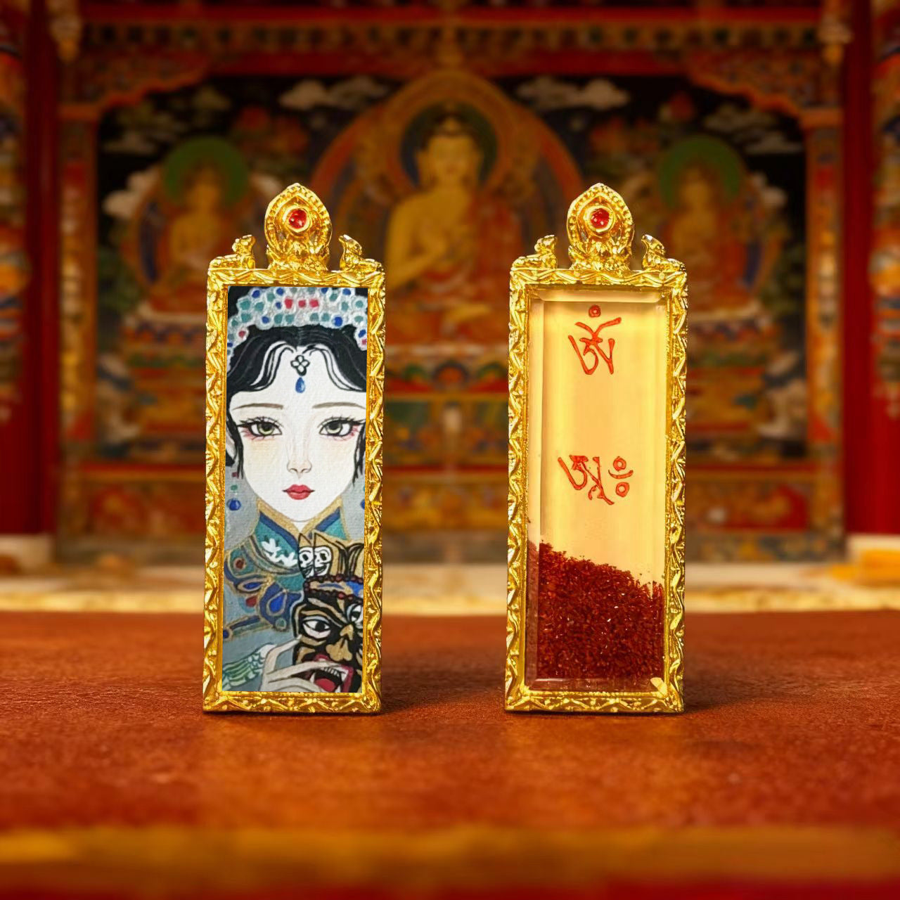 Green Tara Zhala Ram Fox Immortal Magic Double Deer Double-Sided Copper Gold-Plated Thangka Gahu Box