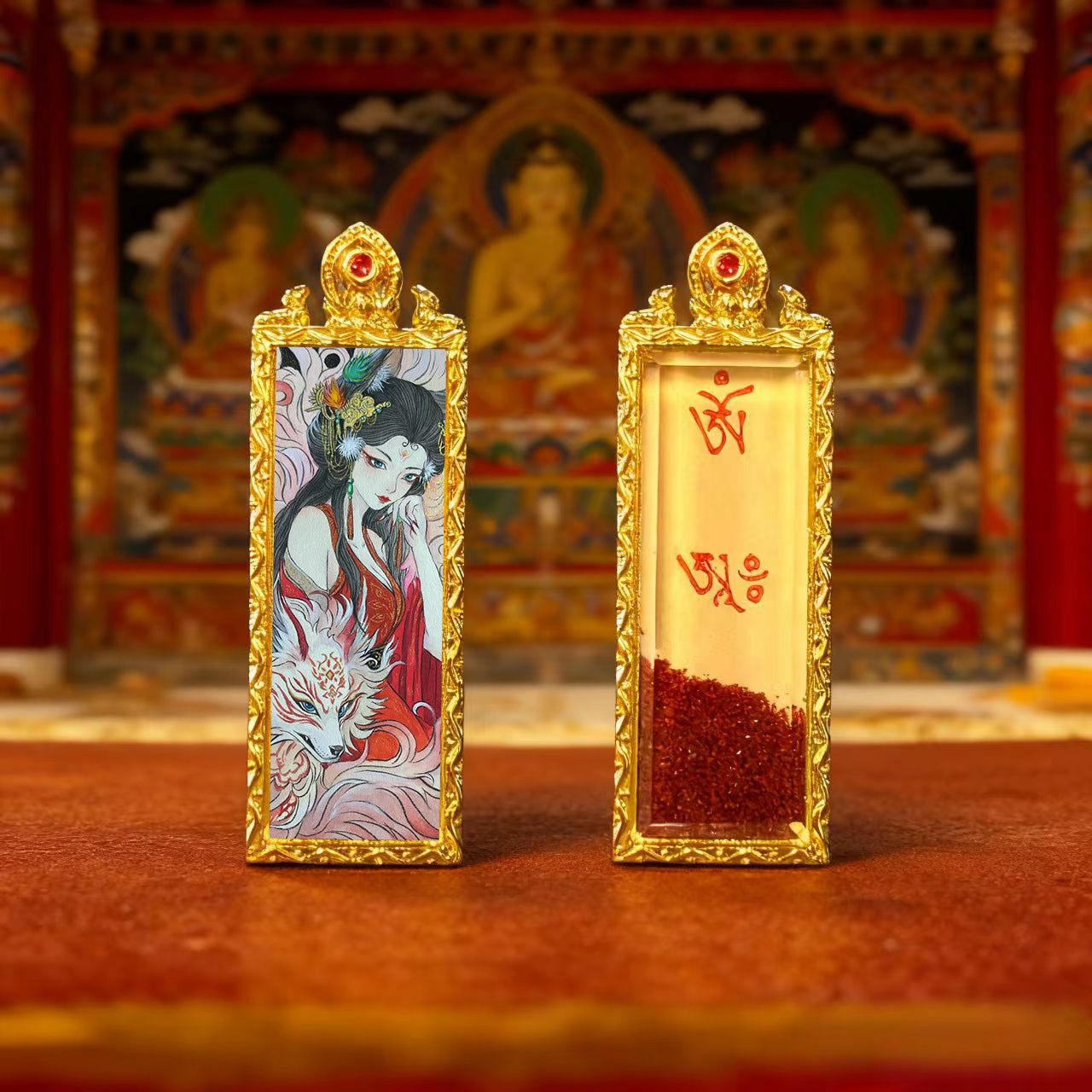 Green Tara Zhala Ram Fox Immortal Magic Double Deer Double-Sided Copper Gold-Plated Thangka Gahu Box