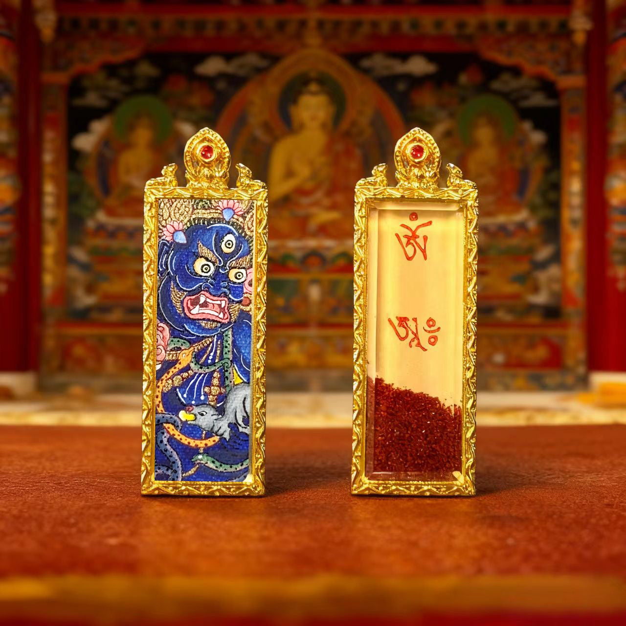 Green Tara Zhala Ram Fox Immortal Magic Double Deer Double-Sided Copper Gold-Plated Thangka Gahu Box