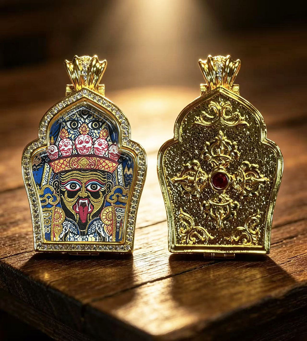 Hand-painted Gilded Green Tara and Blue Manjushri Thangka Ghavu Box Pendant Necklace, Unisex
