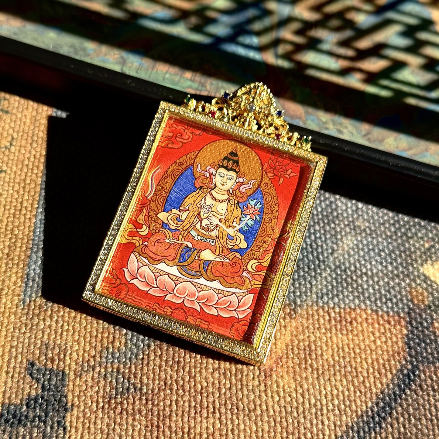 Regong Pure Hand-painted Thangka - Eight Zodiac Guardians Mahasthamaprapta - Year of the Horse Red Thangka