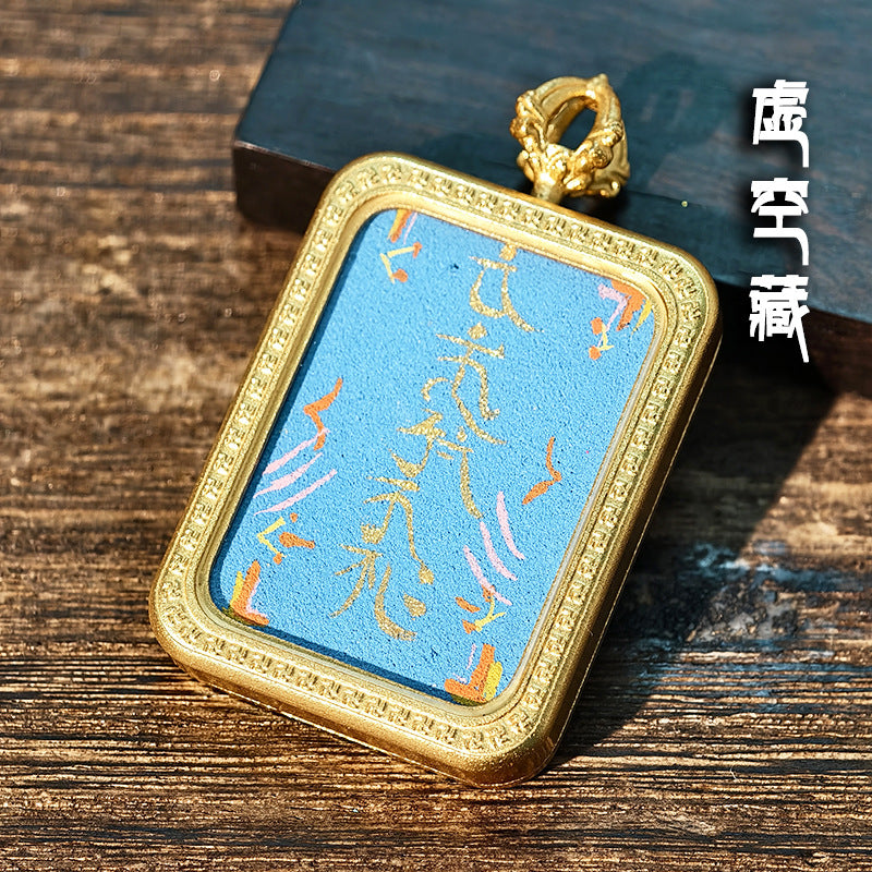 Purely Hand-Painted Regong Tibetan-Style Yellow Jambhala Mantra Cinnabar Painted Thangka Necklace Pendant