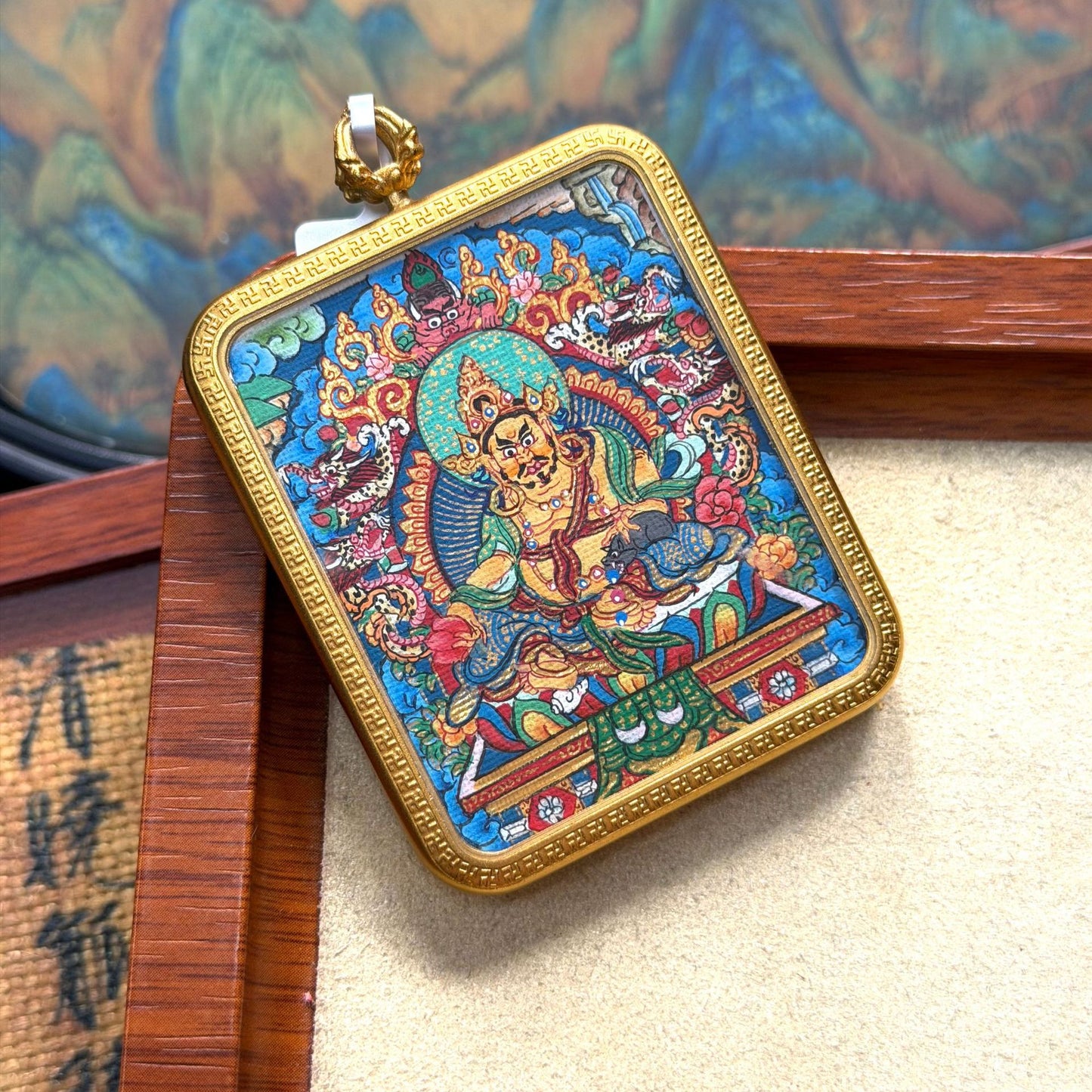 Regong Pure Hand-Painted Thangka - Yellow Jambhala (Multi-color)