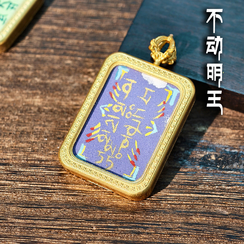 Purely Hand-Painted Regong Tibetan-Style Yellow Jambhala Mantra Cinnabar Painted Thangka Necklace Pendant
