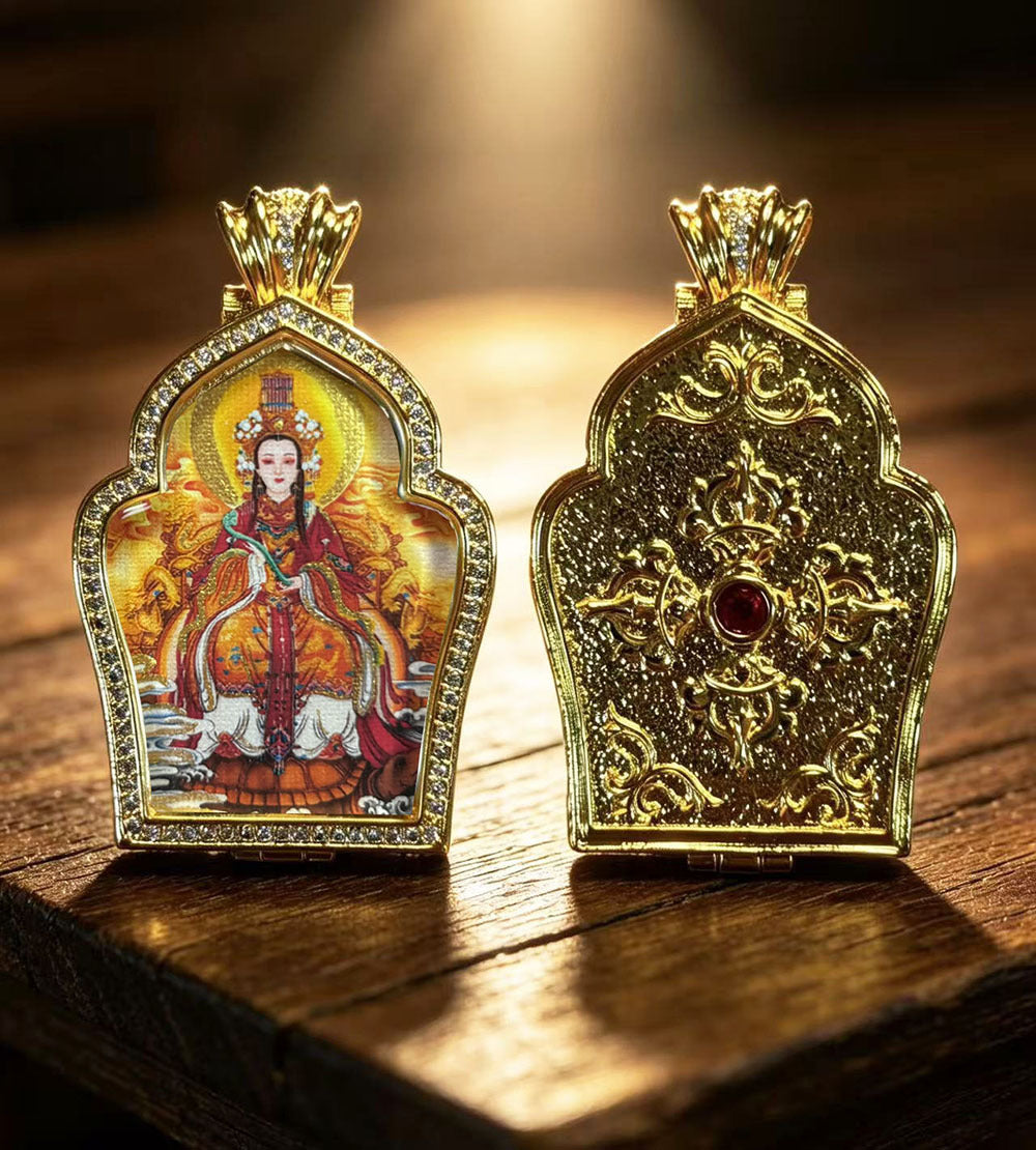 Hand-painted Gilded Green Tara and Blue Manjushri Thangka Ghavu Box Pendant Necklace, Unisex