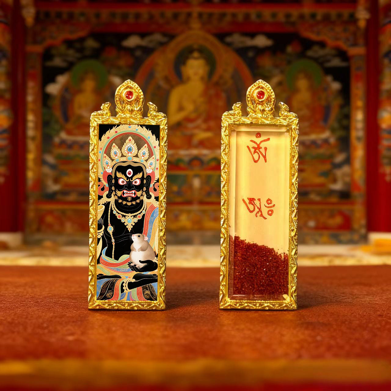 Green Tara Zhala Ram Fox Immortal Magic Double Deer Double-Sided Copper Gold-Plated Thangka Gahu Box