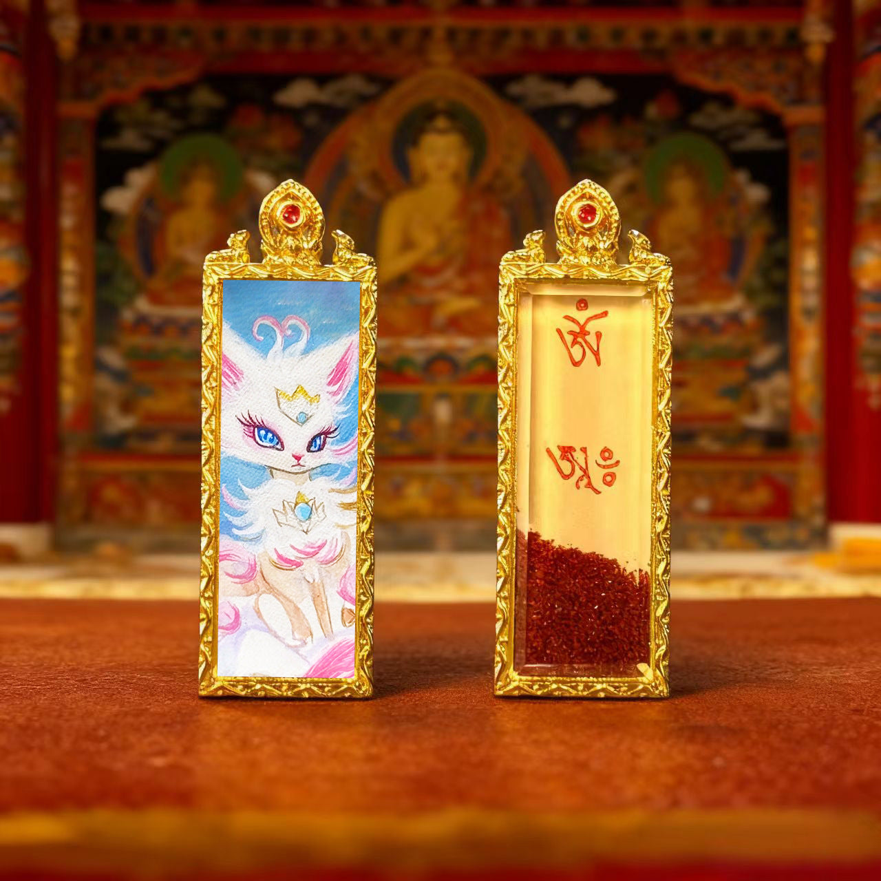 Green Tara Zhala Ram Fox Immortal Magic Double Deer Double-Sided Copper Gold-Plated Thangka Gahu Box