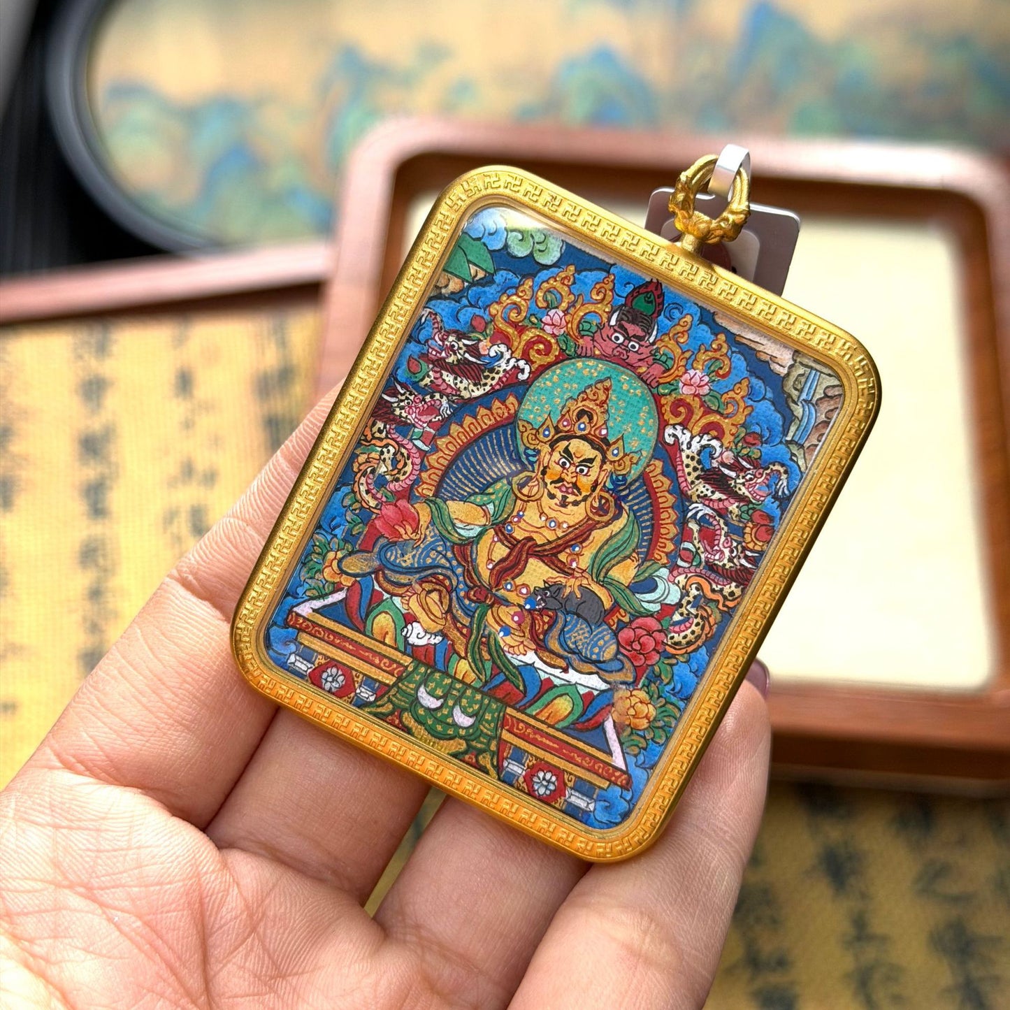 Regong Pure Hand-Painted Thangka - Yellow Jambhala (Multi-color)