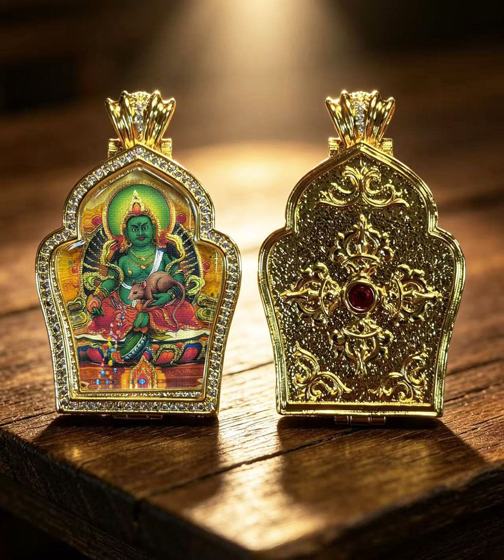 Hand-painted Gilded Green Tara and Blue Manjushri Thangka Ghavu Box Pendant Necklace, Unisex