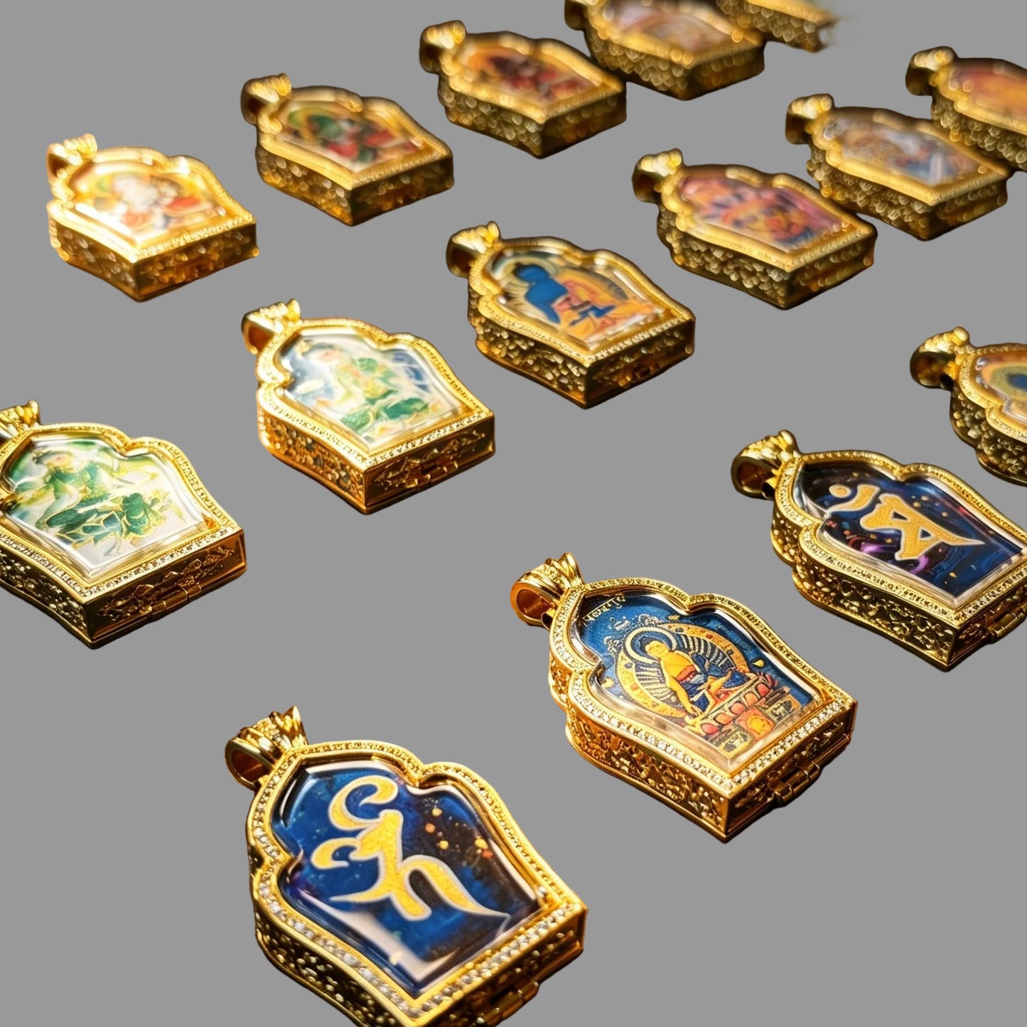 Hand-painted Gilded Green Tara and Blue Manjushri Thangka Ghavu Box Pendant Necklace, Unisex